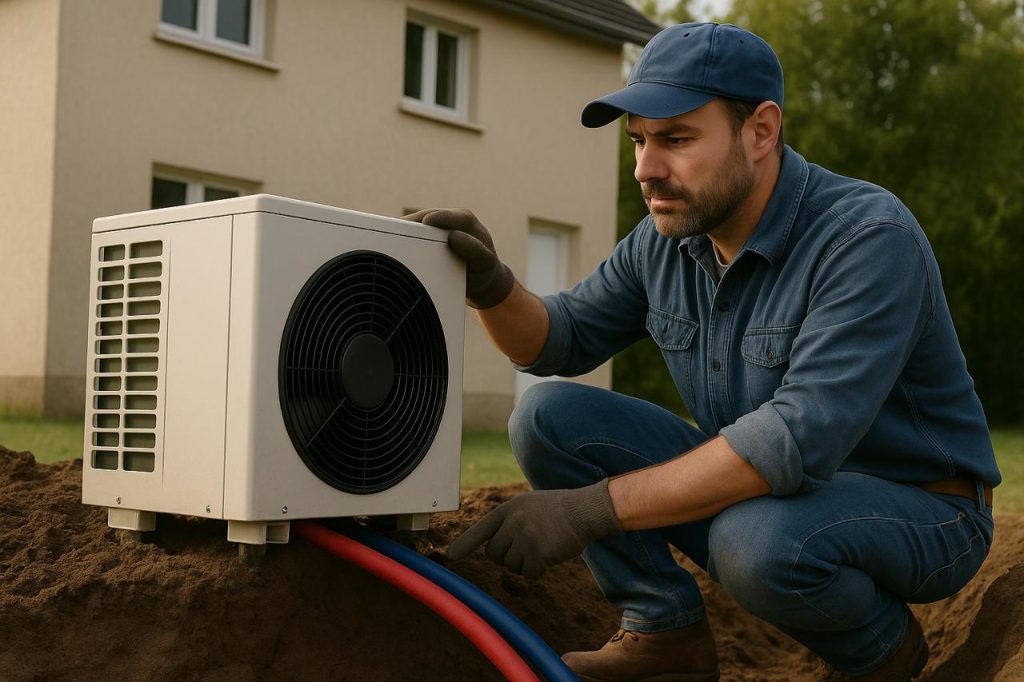 Pompe à chaleur géothermique installée près d’une maison