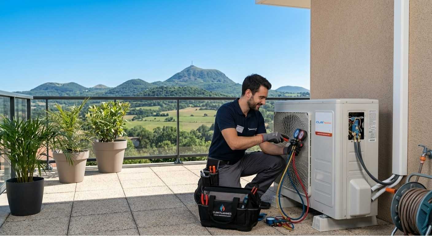 Unité extérieure de climatisation entretenue par Clim'Flammes dans le Puy-de-Dôme