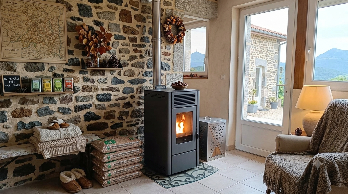 Poêle à granulés installé par Clim'Flammes dans une maison près de Clermont-Ferrand